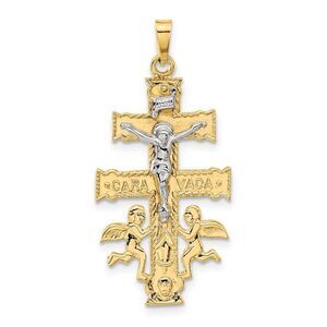 14k Two Tone Gold Caravaca Crucifix Cross Pendant, 19 x 38mm